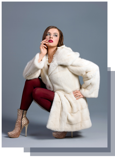 model in a white fur coat